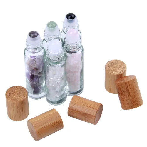 Vista 4 de Constore 5 botellas enrollables de piedras preciosas de 0.3 fl oz, botellas recargables con tapas de bambú, chips de cristal curativo