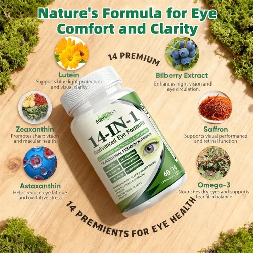 Vista 2 de Evervision 14 en 1 fórmula avanzada para ojos, suplemento de vitaminas y minerales para los ojos, 60 cápsulas, 2