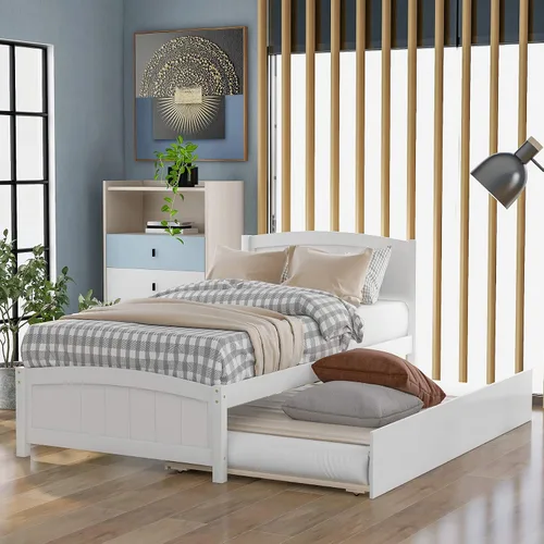 Vista 8 de Merax Cama de plataforma de madera tamaño individual, marco de cama con cama nido, no requiere somier, color espresso