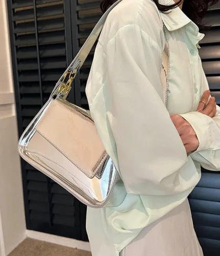 Vista 3 de Bolso Hobo para mujer, bolso de hombro de piel sintética, bolso brillante para axilas, bolso con asa superior, bolsos pequeños