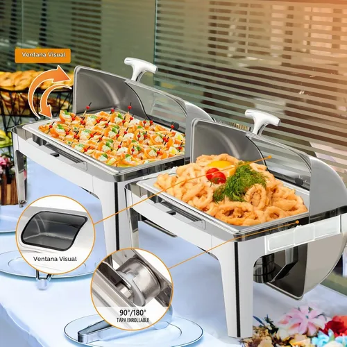 Vista 7 de ROVSUN Juego de bufé de acero inoxidable de 9 cuartos de galón con calefacción eléctrica y de combustible, servidor de catering con tapa enrollable