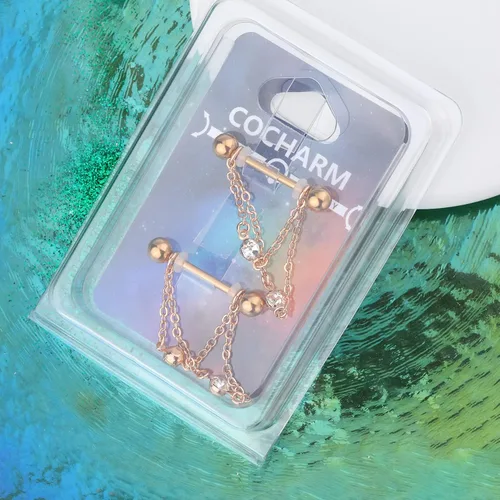 Vista 6 de Cocharm Anillos de pezón de doble cadena de 0.49 oz, plata y oro, joyería de piercing de acero inoxidable 316L para mujer
