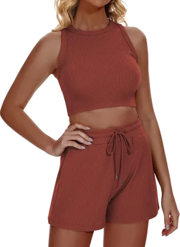 Vista 4 de Funlingo Conjunto de pijama de 2 piezas para mujer, de punto gofre, sin mangas, de verano, 2023
