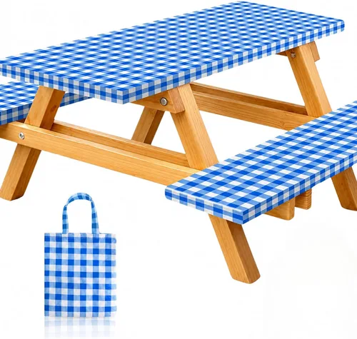 Vista 15 de RNOONY Cubierta de Mesa de Picnic de Vinilo Ajustable con Fundas de Banco y Bolsa, Mantel de 6 pies para Exteriores Impermeable y Resistente al