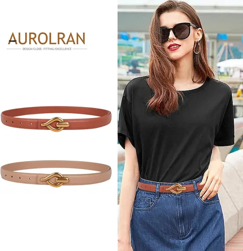 Vista 251 de Cinturón de cuero clásico con hebilla de metal para mujer con vestido de jeans