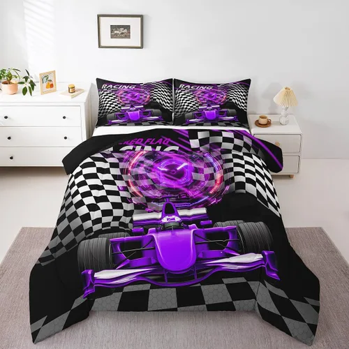 Vista 27 de Feelyou Juego de edredón azul de carreras para niños, juego de ropa de cama de coche deportivo para niños y niños, edredón deportivo geométrico a