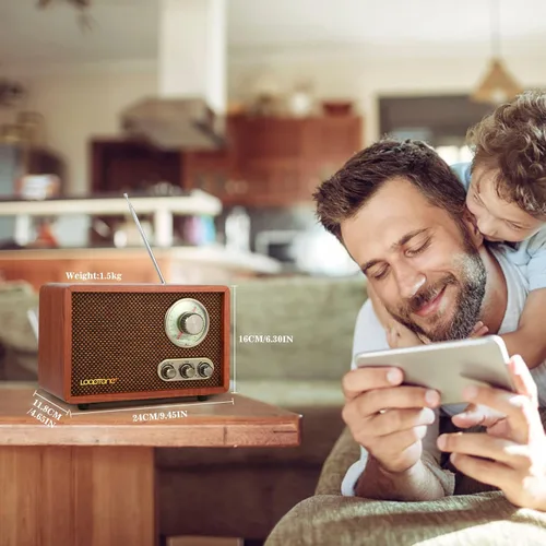 Vista 2 de Radio vintage AM FM multifunción USB SD con altavoz Bluetooth, radio de mesa de madera retro para cocina, sala de estar con perilla giratoria