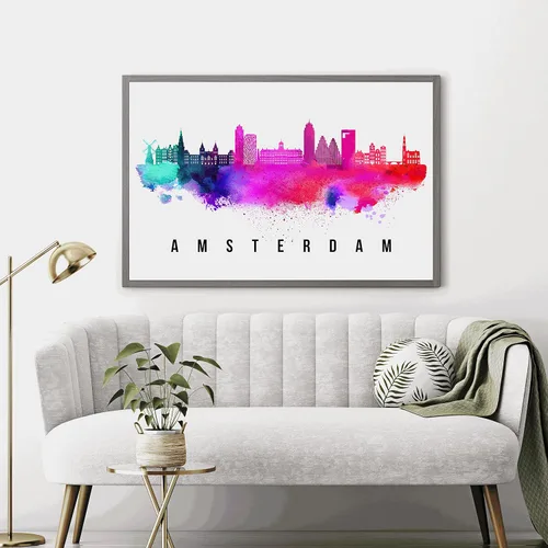 Vista 2 de Póster de Amsterdam Skyline Netherlands, pintura de paisaje urbano e impresión de monumentos, decoración para el hogar, oficina, 12 x 18 pulgadas