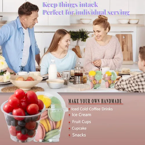Vista 2 de Artpreti 25 juegos de tazas de parfait de plástico transparente de 9 onzas con tapas de cúpula (SIN AGUJERO), vasos de postre desechables con tapas