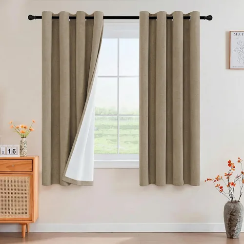 Vista 90 de Cortinas con textura de lino 100% opacas de 64 pulgadas de largo, juego de 2 paneles de cortinas de lino opacas con forro aislante térmico que Arena