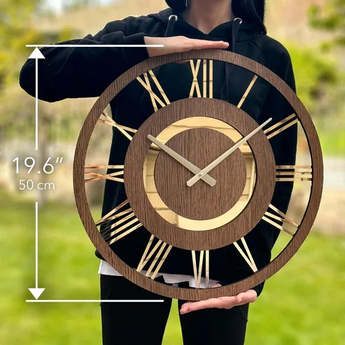 Vista 4 de Reloj de pared moderno con números romanos dorados, funciona con pilas, silencioso, sin tictac, diseño minimalista para cualquier habitación, reloj