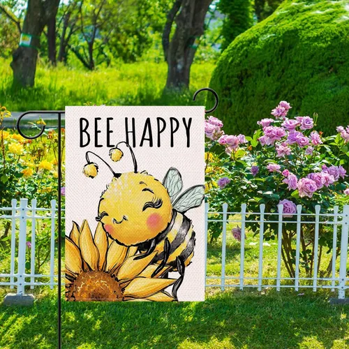 Vista 5 de Artofy Bandera decorativa pequeña para jardín de primavera y verano con diseño de abejorros y girasoles, flor feliz de abeja, decoración exterior