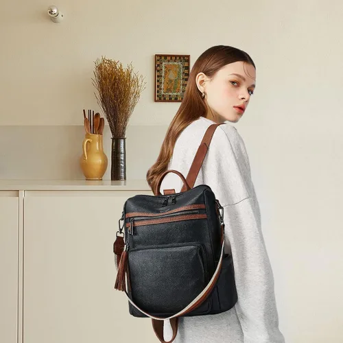 Vista 32 de OPAGE - Mochila de cuero para mujer, con borla de moda, bolso de hombro, mochila grande, bolsa de viaje, gris, L
