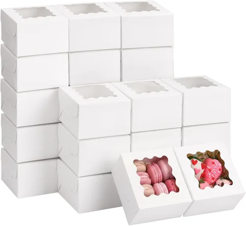 Vista 9 de Moretoes 24 cajas de panadería con ventana, 4 x 4 x 2.5 pulgadas, cajas de galletas marrones para pasteles pequeños, galletas y postres