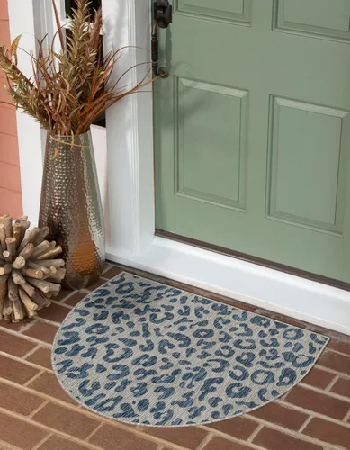Vista 5 de Unique Loom colección Outdoor Safari Alfombra para exteriores - Leopardo (13' redonda, azul/gris)