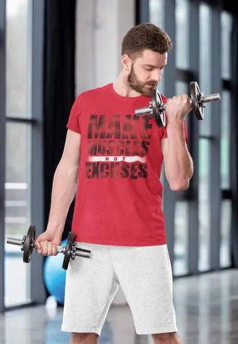 Vista 5 de Make Muscles Not Excuses Fitness for Men - Camiseta de gimnasio novedosa de material suave - Gráfico de gimnasio de entrenamiento - Amantes