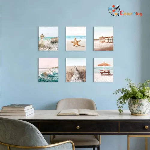 Vista 4 de Juego de 6 impresiones costeras para pared, diseño estético junto al mar, estrellas de mar, arena, paseo marítimo, olas del océano, pósteres