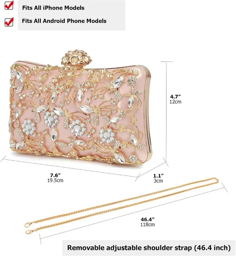Vista 4 de Sweetovo Bolso de noche para mujer, bolso de mano con diamantes de imitación, brillante para fiesta, bolso de hombro, bolsa de boda con cadena