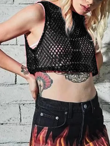 Vista 5 de Hilinker Camiseta corta sin mangas de malla transparente para mujer