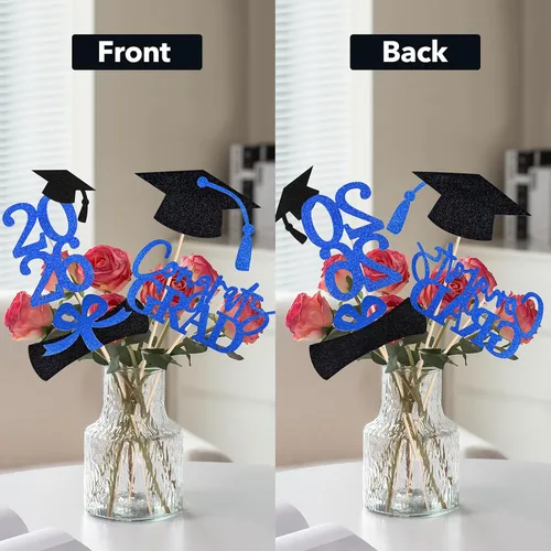 Vista 5 de Juego de 20 decoraciones de fiesta de graduación 2026, centro de mesa de graduación de doble cara con purpurina para mesas, mesas, accesorios