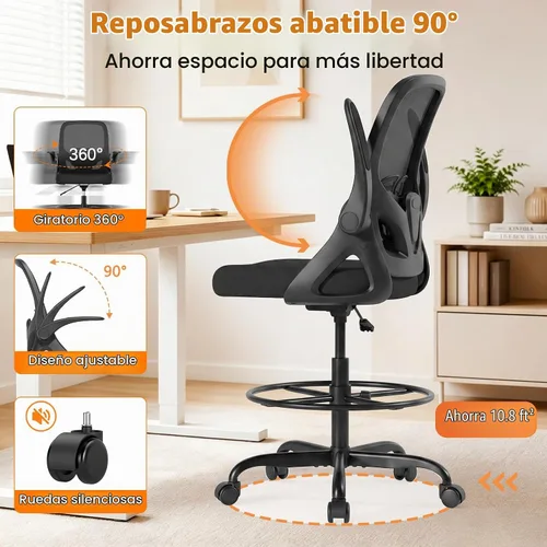 Vista 5 de ORRSAKER Silla de Dibujo Alta con Soporte Lumbar y Anillo Reposapiés, Silla de Escritorio Ergonómica Alta de Apoyo de Altura Extendida para Trabajo