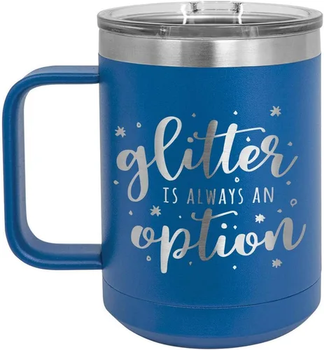 Vista 14 de GLITTER IS SIEMPRE UNA OPCIÓN Negro Taza de café de 15 oz con tapa deslizante Taza de café de viaje con aislamiento Ideas de regalos
