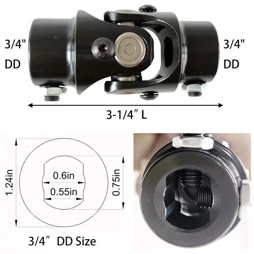 Vista 3 de Junta en U de 3/4" DD x 3/4" DD para eje de dirección, junta en U universal simple negra de 3/4 pulgadas con ángulo máximo de 35° grados y longitud