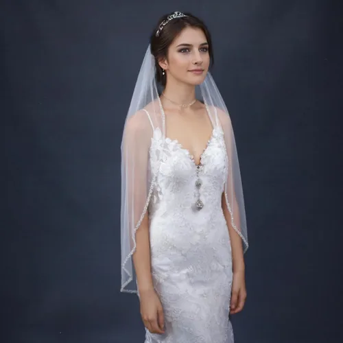 Vista 2 de Velo de novia de novia de 1 nivel de longitud de los dedos perlas de cristal con borde de cuentas de tul para velos de novia con peine.., Marfil