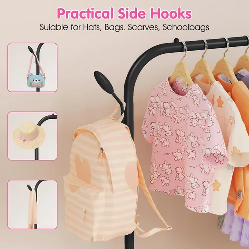 Vista 5 de Perchero Montessori para niños de 3 a 6 años, estante de ropa infantil con estante inferior y ganchos laterales, estante para armario infantil
