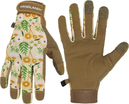 Vista 21 de HANDLANDY Guantes de trabajo para mujer, guantes de jardinería de cuero transpirable para mantenimiento de patio, protección de manos con pantalla