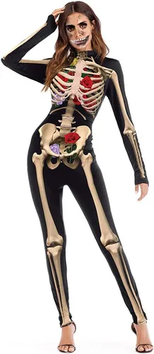 Vista 35 de Sister Amy Disfraz de esqueleto de calavera para mujer de Halloween, traje ajustado de una pieza J-colorido esqueleto