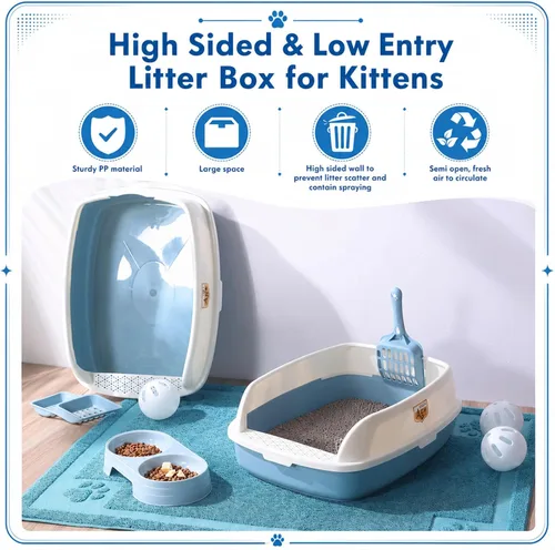 Vista 5 de Sliner 7 Pcs Kitten Litter Box Starter Kit, Low Entry High Sided,Blue