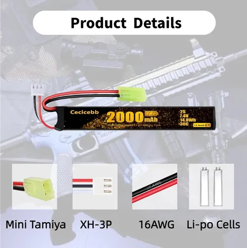 Vista 2 de Batería Airsoft 7.4V 2000mAh 30C con Mini Tamiya Plug para Airsoft Modelo Pistolas Recargable 2S Lipo Batería 2 Pack con 7.4V USB Cargador Cable