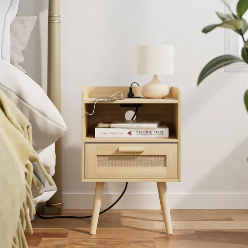 Vista 9 de Masupu Mesita de noche, mesita de noche pequeña con dos cajones, mesita de noche blanca, muebles de noche, mesa auxiliar moderna de mediados