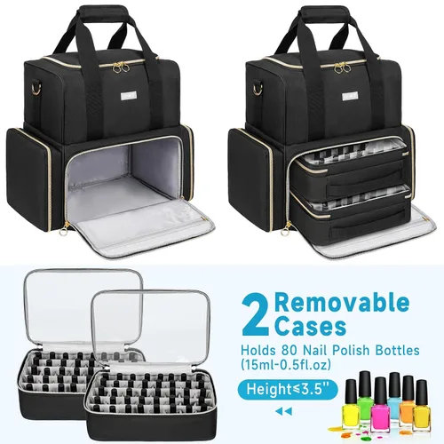 Vista 3 de Organizador de esmalte de uñas con capacidad para 80 botellas y una lámpara de uñas, estuche de transporte de esmalte de uñas con 2 bolsas Negro