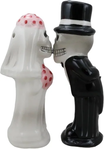 Vista 7 de Ebros Gift Juego de saleros y pimenteros de esqueleto para pareja, boda, novia y novio, calaveras de cerámica, esqueletos, cocina, comedor, bar