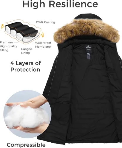 Vista 3 de Wantdo Abrigo largo de invierno con capucha para mujer, cálido e impermeable