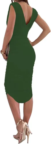Vista 2 de LYANER Vestido midi de cóctel sin mangas con cuello en V profundo y fruncido para mujer