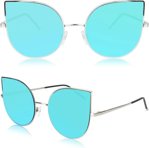 Vista 2 de SojoS SJ1022 anteojos de sol con lentes lisos y espejados con forma de ojos de gato, con marco de metal liviano y ultradelgado, para mujer