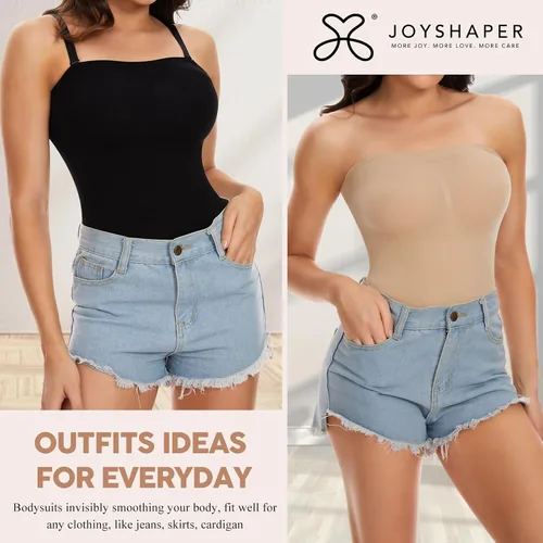 Vista 5 de JOYSHAPER Body sexy sin tirantes para mujer, con hombros descubiertos, sin costuras, camiseta sin mangas, leotardo de una pieza
