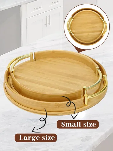Vista 3 de JUPELI Bandeja redonda de bambú de 11.8 pulgadas con asas – Bandeja decorativa, bandeja de desayuno, bandeja de mesa de café, bandeja otomana, plato