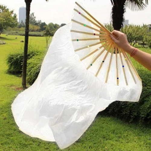 Vista 2 de 5.9 ft de seda artificial danza del vientre de bambú velos mujeres seda real danza del vientre vela vela danza nacional baile largo bambú ventilador