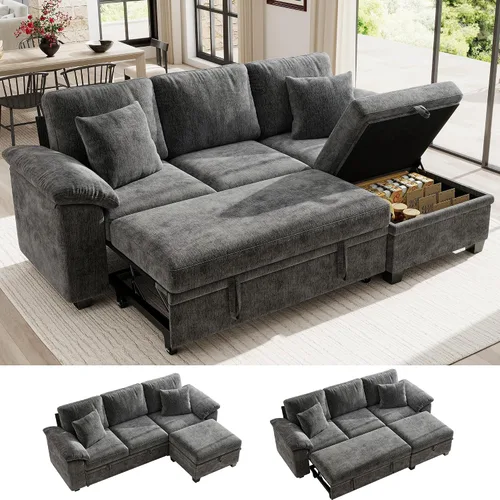 Vista 18 de Ihanherry Sofá modular de 86 pulgadas con cama extraíble, sofá cama modular en forma de L de 4 plazas con otomana de almacenamiento, sofás Verde