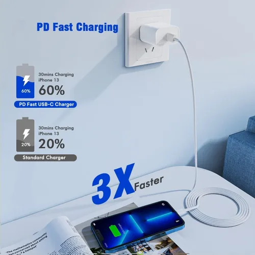 Vista 2 de Cargador rápido para iPhone, Cargador rápido para Phone 14 13 12 11 USB C de pared con 2 cables de carga rápida de 6 pies compatible con iPhone