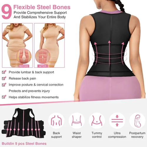 Vista 2 de Lover-Beauty Chaleco de entrenamiento de cintura para mujer, 3 cinturones, cincha de cintura, 9 huesos de acero, faja de entrenamiento, 3 ganchos
