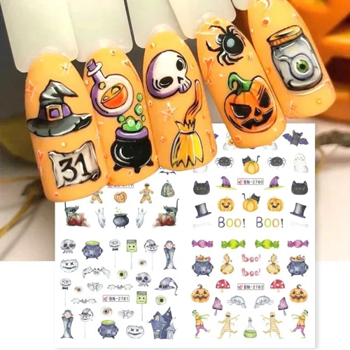 Vista 8 de Calcomanías de arte de uñas de Halloween, calcomanías de transferencia de agua, calcomanías de uñas de Halloween, calcomanías de dibujos animados