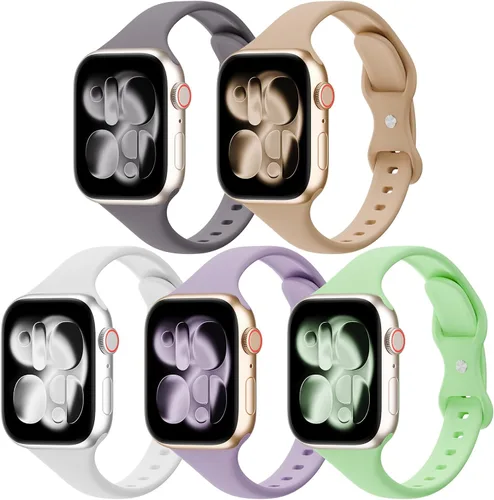 Vista 10 de Paquete de 5 bandas de silicona delgadas compatibles con Apple Watch de 38mm 42mm 40mm 44mm 41mm 45mm 46mm 49mm, correa deportiva estrecha y delgada