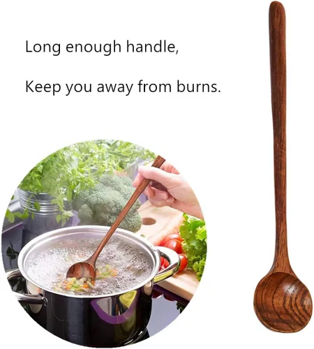 Vista 6 de 2 cucharas largas de madera para sopa, cucharas redondas de mango largo, estilo coreano, cucharas de café de madera para sopa, cocina, mezcla