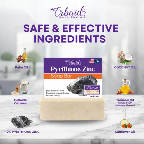 Vista 5 de Pyrithione - Barra de jabón de zinc para cara y cuerpo, 4 onzas, 2% ZnP, jabón limpiador reparador de la piel para acné, rosácea, eccema