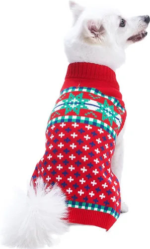 Vista 11 de Blueberry Pet Let It Snow Suéter Clásico Feo de Navidad con Capucha y Diseño de Copos de Nieve para Perro en Rojo y Blanco, Longitud de Espalda 12